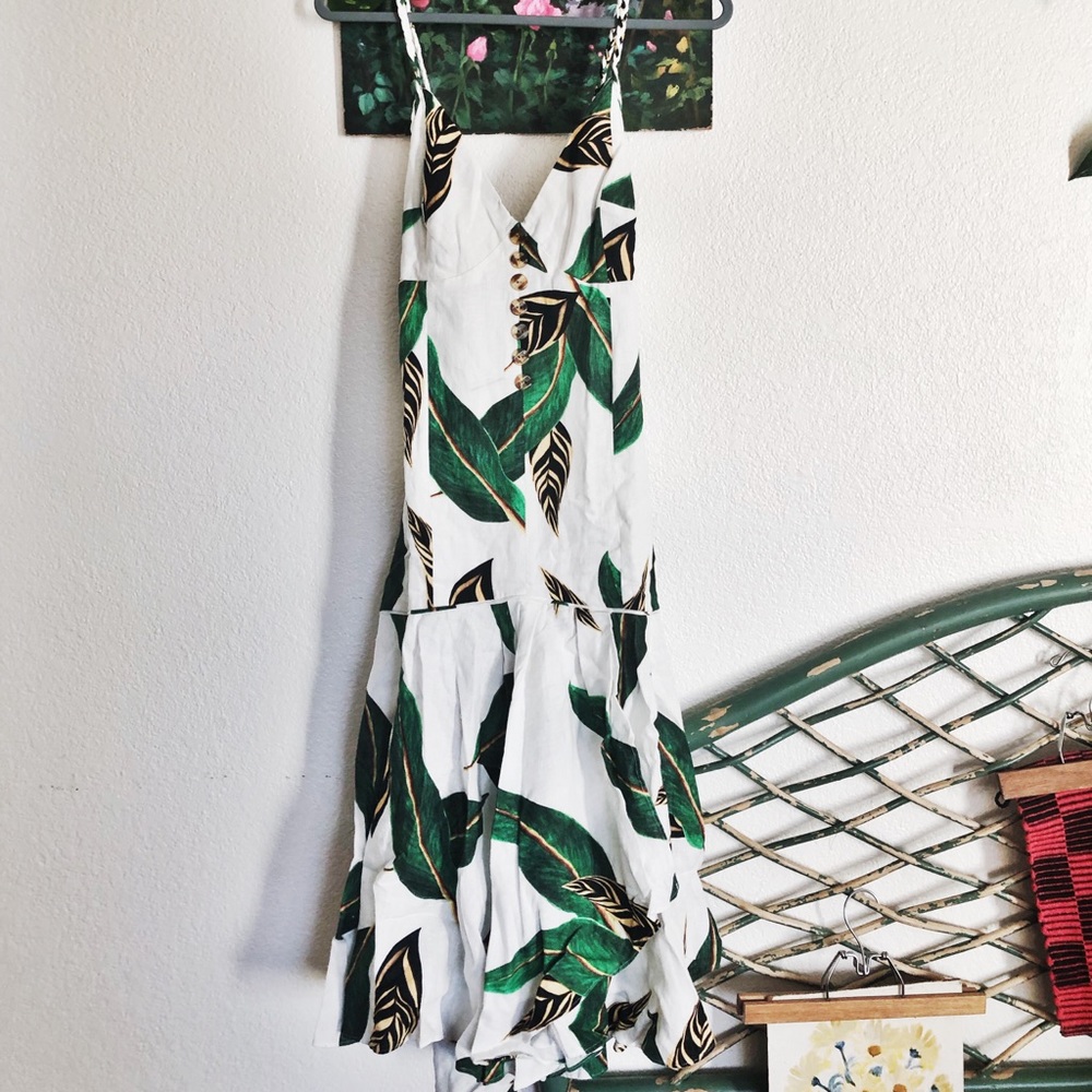 FARM RIO Amazonia Button Front Cami Dress White Linen Leaf Midi NWT Size L